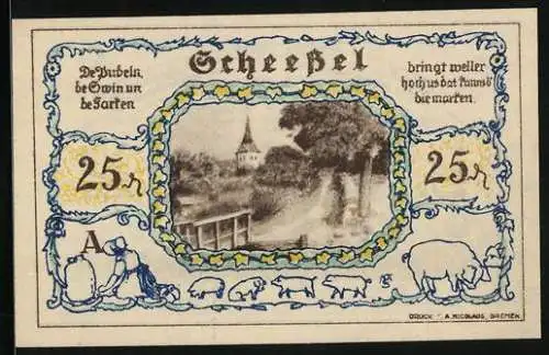 Notgeld Scheessel 1921, 25 Pfennig, Wegpartie mit Blick auf die Kirche