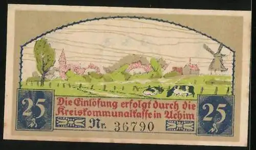 Notgeld Achim / Stadt 1921, 25 Pfennig, Ortsansicht mit Windmühle, Bäuerin und Bauer