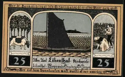 Notgeld Lilienthal / Bremen 1921, 25 Pfennig, Segelboot auf dem Fluss