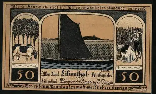Notgeld Lilienthal / Bremen 1921, 50 Pfennig, Segelboot auf dem Fluss