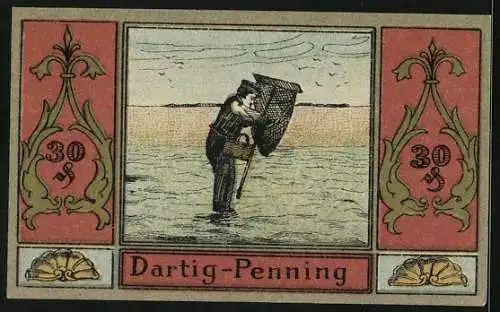 Notgeld Langeness-Nordmarsch 1921, 30 Pfennig, Fischer mit einem Kescher im flachen Wasser