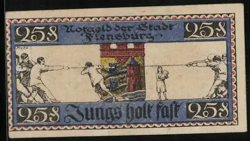 Notgeld Flensburg 1920, 25 Pfennig, Tauziehen vor dem Wappen