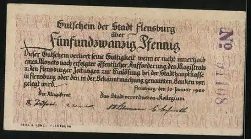 Notgeld Flensburg 1920, 25 Pfennig, Tauziehen vor dem Wappen