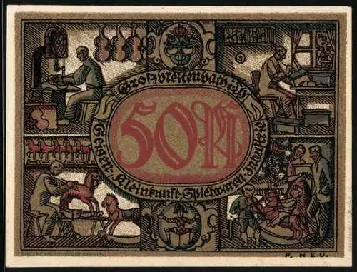 Notgeld Grossbreitenbach i. H., 50 Pfennig, Violinenbauer, Schreiber, Spielzeughersteller, Familie zu Weihnachten