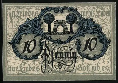 Notgeld Triebes 1919, 10 Pfennig, Steinernes Tor mit zwei Bäumen daneben