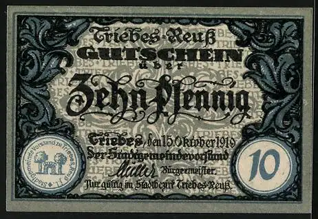 Notgeld Triebes 1919, 10 Pfennig, Steinernes Tor mit zwei Bäumen daneben