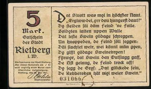 Notgeld Rietberg i. W. 1921, 5 Mark, Rettung des Schlosses aus Belagerungsnot
