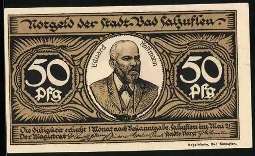 Notgeld Bad Salzuflen 1921, 50 Pfennig, Konterfei von Eduard Hoffmann