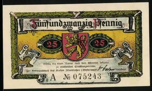 Notgeld Altenkirchen /Westerwald 1921, 25 Pfennig, Blick auf das Schloss