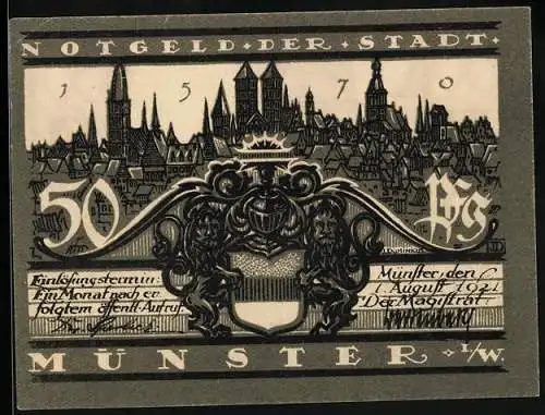 Notgeld Münster i. W. 1921, 50 Pfennig, Blick auf Lamberti
