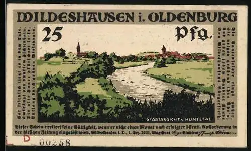 Notgeld Wildeshausen i. Oldenburg 1921, 25 Pfennig, Ortsansicht 1600, Militär-Parade