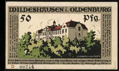 Notgeld Wildeshausen i. Oldenburg 1921, 50 Pfennig, Elisabeth Heilstätte, Militär-Kapelle