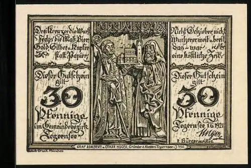 Notgeld Tegernsee 1921, 30 Pfennig, Kloster Tegernsee, Graf Adalbert u. Othkar Huosi, Gründer d. Klosters
