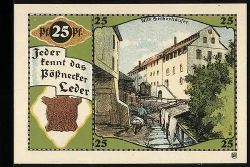 Notgeld Pössneck, 25 Pfennig, Alte Gerberhäuser und Wappen