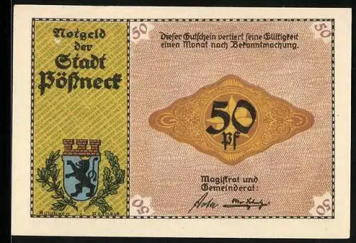 Notgeld Pössneck, 50 Pfennig, Schokoladenfabrik und Wappen