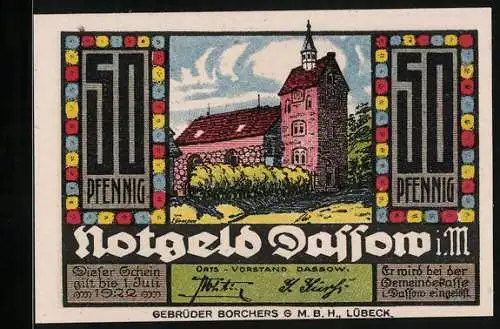 Notgeld Dassow 1922, 50 Pfennig, Kirche und Wappen von Dassow