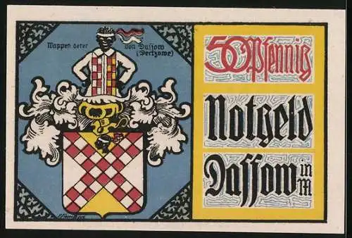 Notgeld Dassow 1922, 50 Pfennig, Kirche und Wappen von Dassow