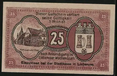 Notgeld Lieberose 1920, 25 Pfennig, Rathaus u. Kirchen, Wappen