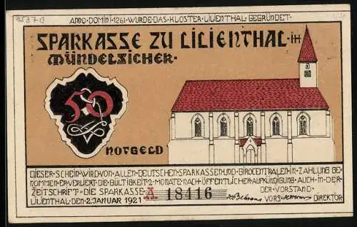 Notgeld Lilienthal / Bremen 1921, 50 Pfennig, Kloster Lilienthal, Segelboot, Ernteszene