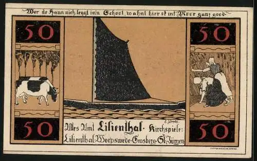Notgeld Lilienthal / Bremen 1921, 50 Pfennig, Kloster Lilienthal, Segelboot, Ernteszene