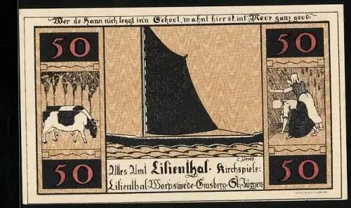 Notgeld Lilienthal / Bremen 1921, 50 Pfennig, Schiff, Landwirtschaft und Kloster