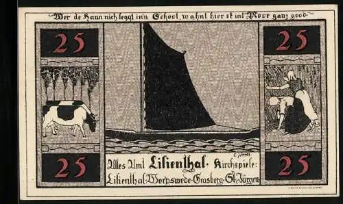Notgeld Lilienthal / Bremen 1921, 25 Pfennig, Kloster Lilienthal und Segelboot
