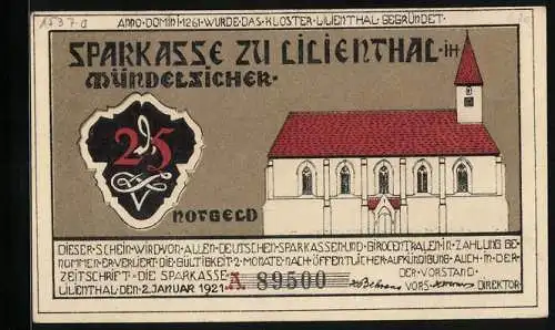 Notgeld Lilienthal / Bremen 1921, 25 Pfennig, Kloster Lilienthal, Segelboot und Landwirtschaft