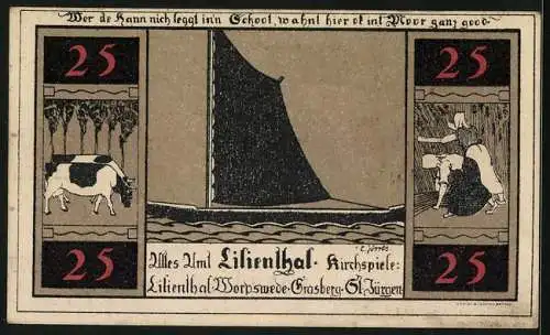Notgeld Lilienthal / Bremen 1921, 25 Pfennig, Kloster Lilienthal, Segelboot und Landwirtschaft