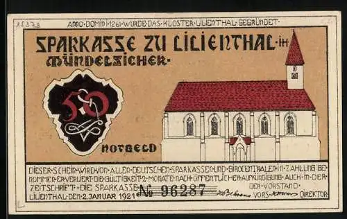 Notgeld Lilienthal / Bremen 1921, 50 Pfennig, Kloster Lilienthal und Segelboot