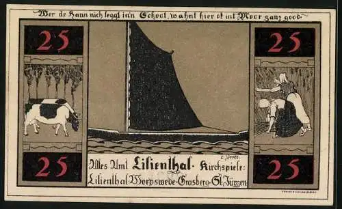 Notgeld Lilienthal / Bremen 1921, 25 Pfennig, Kloster Lilienthal, Ernte und Segelboot