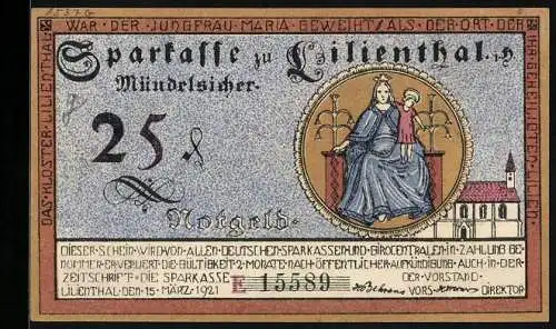 Notgeld Lilienthal / Bremen 1921, 25 Pfennig, Wappen mit Madonna und Kind, Segelboot