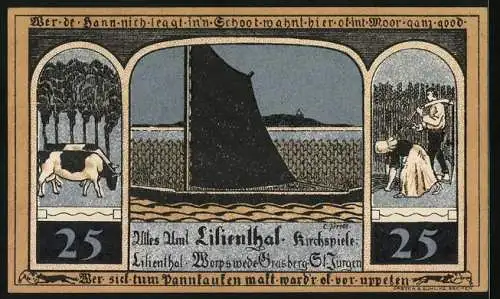 Notgeld Lilienthal / Bremen 1921, 25 Pfennig, Wappen mit Madonna und Kind, Segelboot