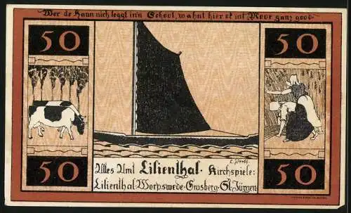 Notgeld Lilienthal / Bremen 1921, 50 Pfennig, Kloster Lilienthal, Ernteszenen und Segelschiff