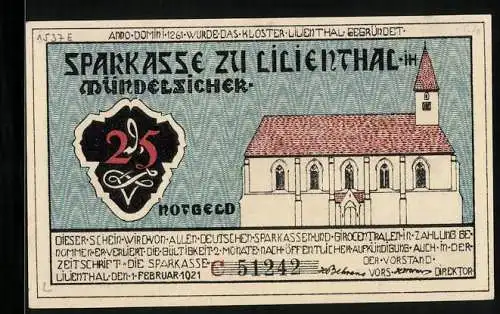 Notgeld Lilienthal / Bremen 1921, 25 Pfennig, Kloster Lilienthal, Segelschiff und Frauen bei der Ernte