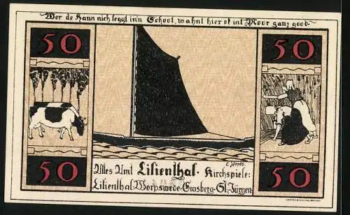 Notgeld Lilienthal / Bremen 1921, 50 Pfennig, Schiff, Ernte und Kloster Lilienthal