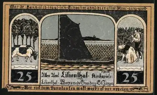 Notgeld Lilienthal / Bremen 1921, 25 Pfennig, Madonna mit Kind und Kloster, Schifferei und Landwirtschaft
