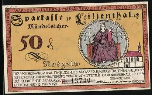 Notgeld Lilienthal / Bremen 1921, 50 Pfennig, Kloster, Wappen mit Madonna und Kind, Landwirtschaft