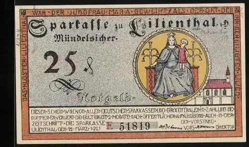 Notgeld Lilienthal / Bremen 1921, 25 Pfennig, Kloster mit Madonna und Kind, Landwirtschaft und Fischerei