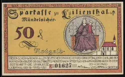 Notgeld Lilienthal / Bremen 1921, 50 Pfennig, Ernte, Schifferei und Madonna mit Kind