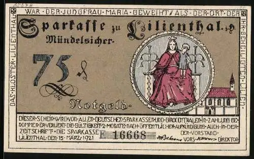 Notgeld Lilienthal / Bremen 1921, 75 Pfennig, Kloster Lilienthal mit Madonna, Landwirtschaft und Schifferei