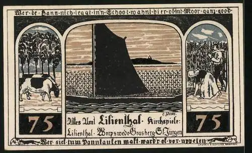 Notgeld Lilienthal / Bremen 1921, 75 Pfennig, Kloster Lilienthal mit Madonna, Landwirtschaft und Schifferei