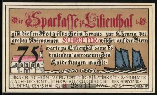 Notgeld Lilienthal / Bremen 1921, 75 Pfennig, Ehrung d. Astronomen Johann Hieronymus Schroeter
