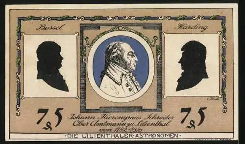 Notgeld Lilienthal / Bremen 1921, 75 Pfennig, Ehrung d. Astronomen Johann Hieronymus Schroeter