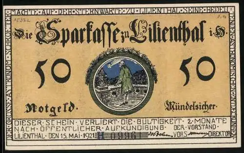 Notgeld Lilienthal / Bremen 1921, 50 Pfennig, Portrait d. Astronomen u. Oberamtmann Johann Hieronymus Schroeter