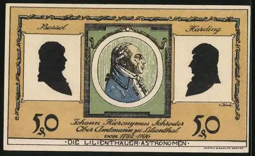 Notgeld Lilienthal / Bremen 1921, 50 Pfennig, Portrait d. Astronomen u. Oberamtmann Johann Hieronymus Schroeter