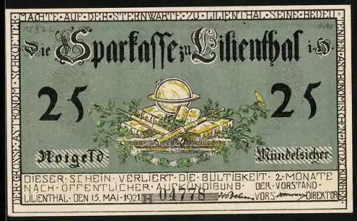Notgeld Lilienthal / Bremen 1921, 25 Pfennig, Portraits Bessel, Harding, Johann Hieronymus Schroeter = Astronomen