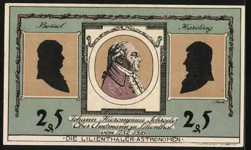 Notgeld Lilienthal / Bremen 1921, 25 Pfennig, Portraits Bessel, Harding, Johann Hieronymus Schroeter = Astronomen