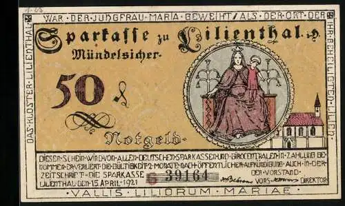 Notgeld Lilienthal / Bremen 1921, 50 Pfennig, Kloster Lilienthal mit Madonna, Landwirtschaft und Fischerei