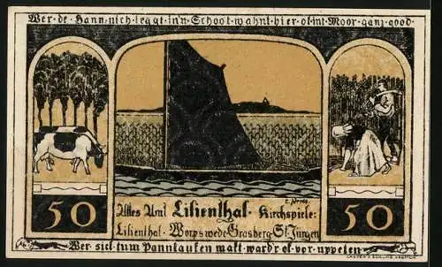Notgeld Lilienthal / Bremen 1921, 50 Pfennig, Kloster Lilienthal mit Madonna, Landwirtschaft und Fischerei