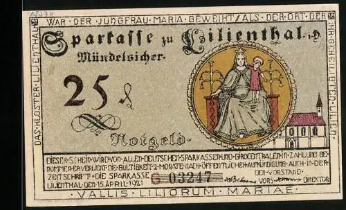 Notgeld Lilienthal / Bremen 1921, 25 Pfennig, Madonna mit Kind und Kloster, Ernteszene und Segelschiff